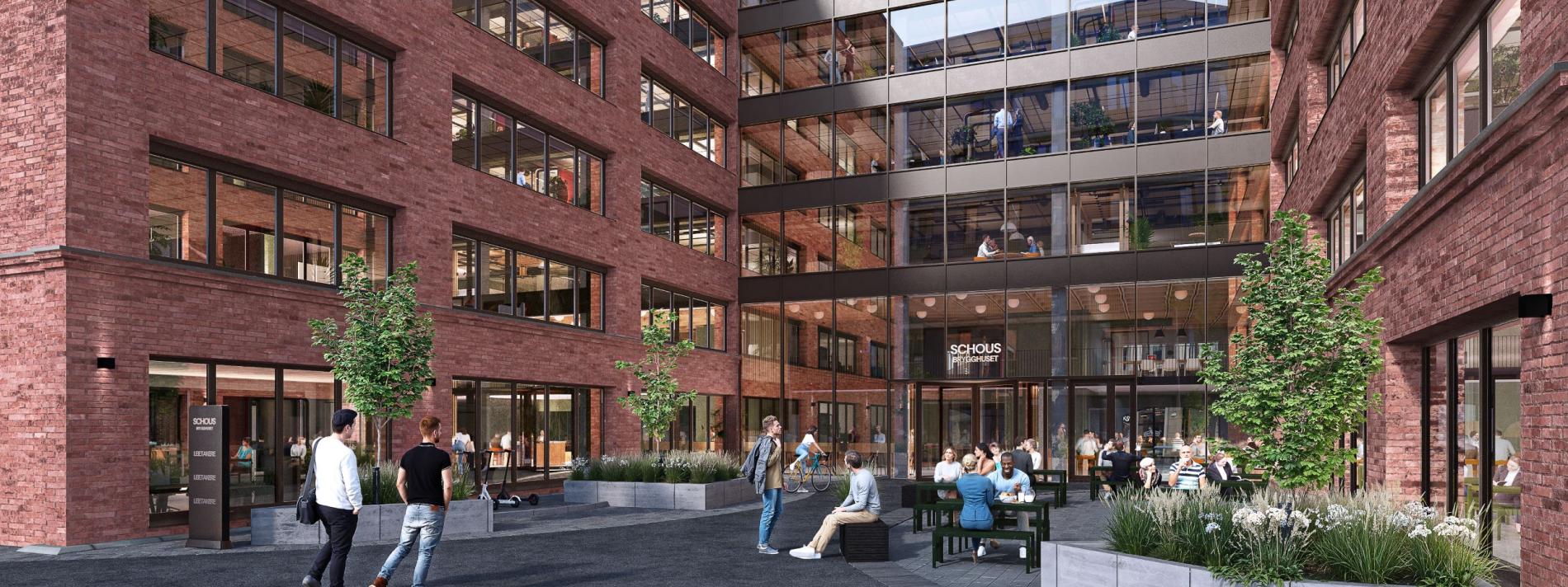 Trondheimsveien-2_Eksteriør_Vinkel-01_Inngangsparti_Dagtid_Plyo red